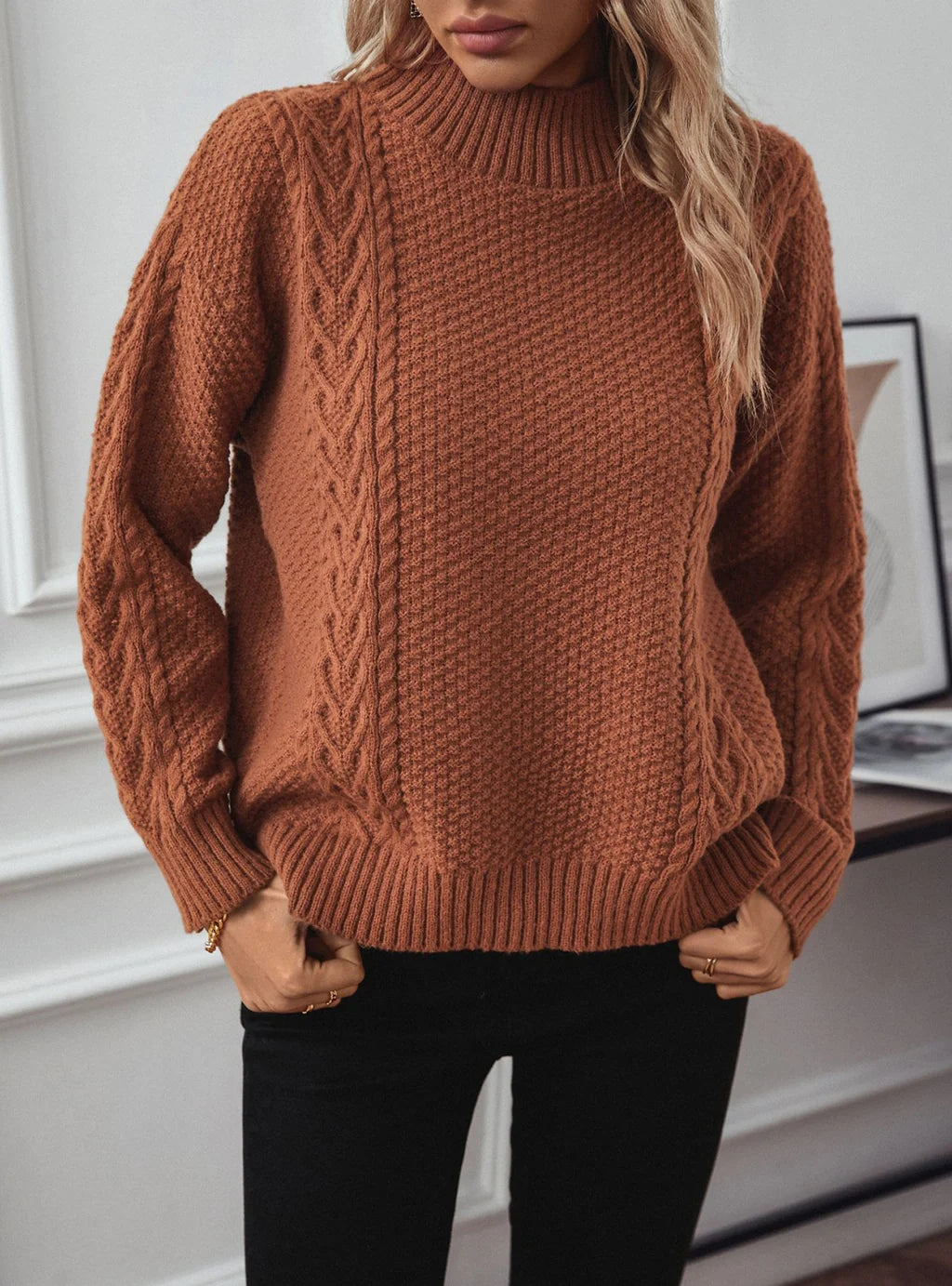 Semi-high Neck Split Loose Long Sleeve Sweater Cable Knit Ribbed Knit Lace Knit