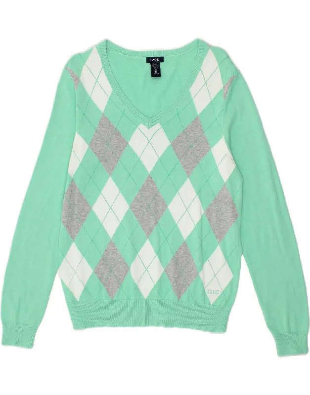 IZOD Womens V-Neck Jumper Sweater UK 12 Medium Green Argyle/Diamond Cotton Long Sweater Short Sweater Cropped Sweater