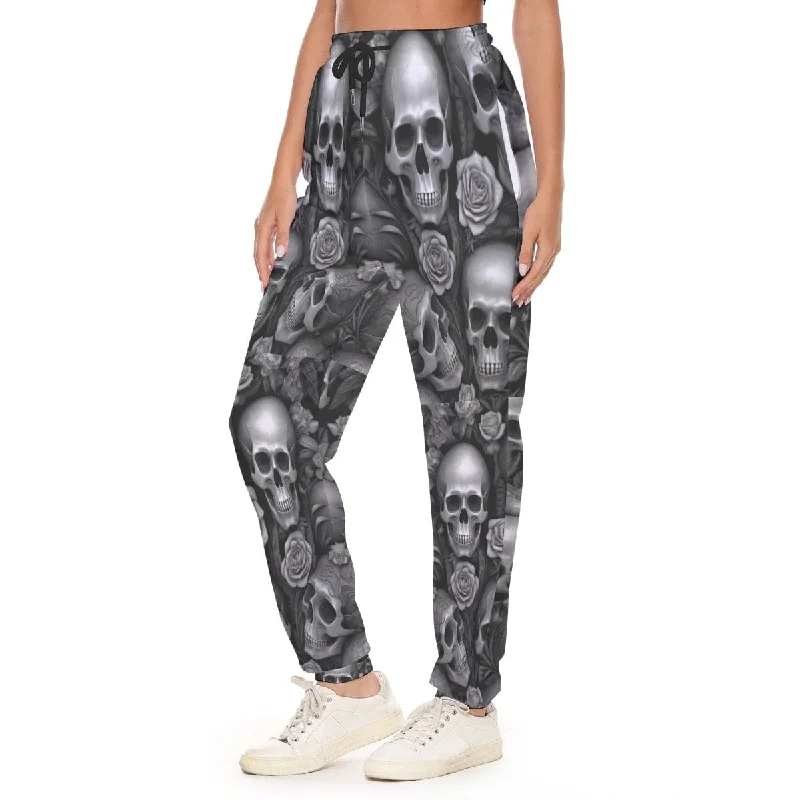 Add A Touch of Edgy And Feminine Style With Our Gray Skulls And Flowers Pants For Women Elegant Wool Trousers