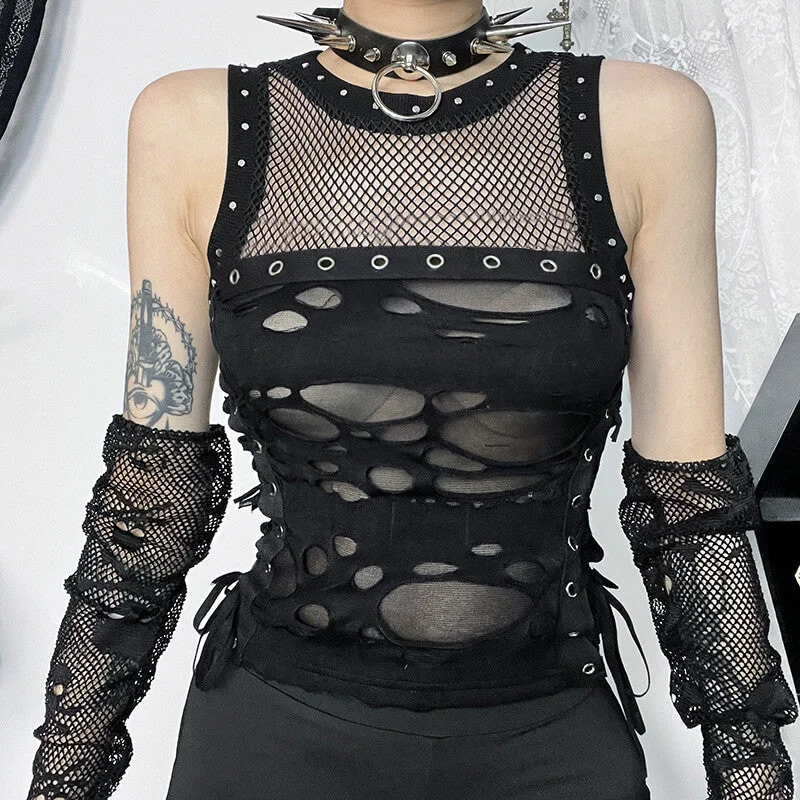 Grunge Mesh Lace Up Tank Top crew neck tank