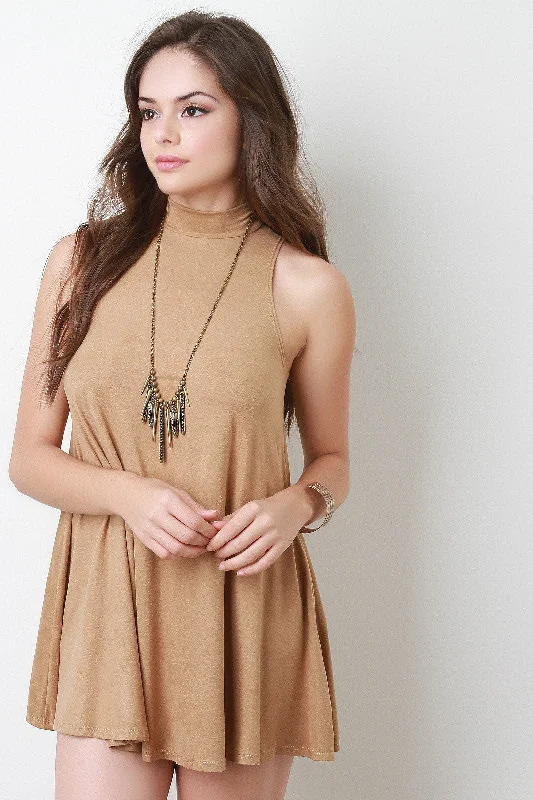 Mock Neck Sleeveless Suede Swing Dress Crew Neckline Casual