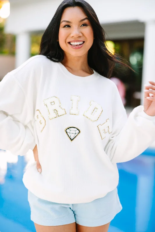 Bride White Varsity Corded Sweatshirt Hoodie with Side Slits Relaxed Casual