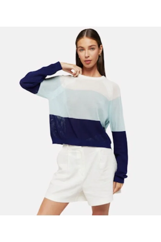 Aqua Blue Open Stitch Crewneck Sweater Stretchy Elastic Breathable