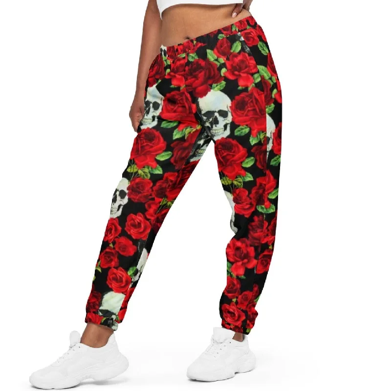 Women's Skull Red Floral Track Pants Cozy Lounge Pants