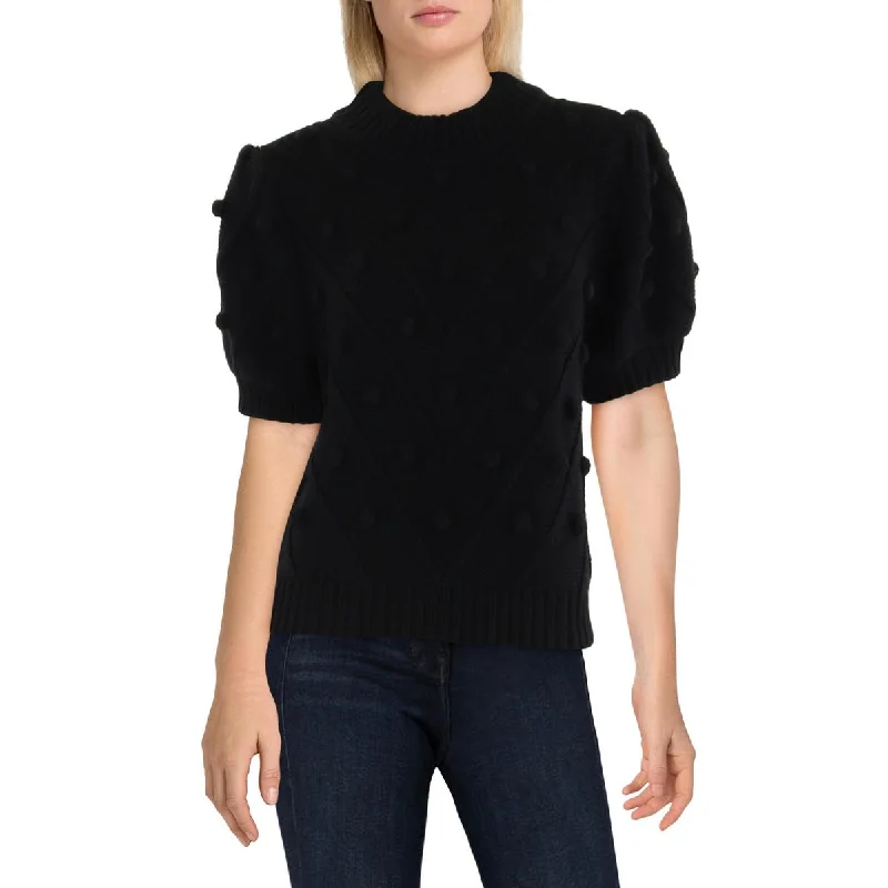 Womens Ribbed Trim Puff Sleeve Mock Turtleneck Sweater Jersey Fabric Tulle Fabric Batik Fabric