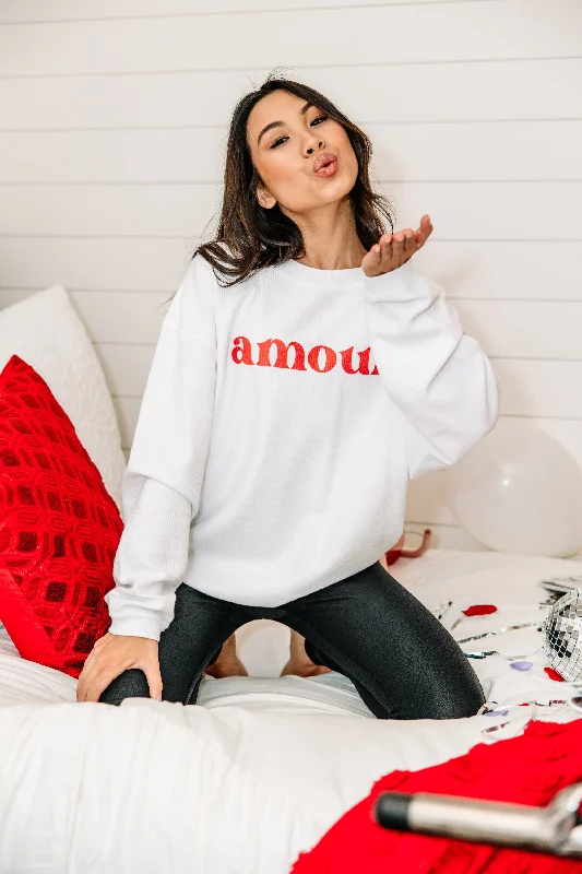 Amour White Graphic Corded Sweatshirt Hoodie with Cropped Fit Short Trendy