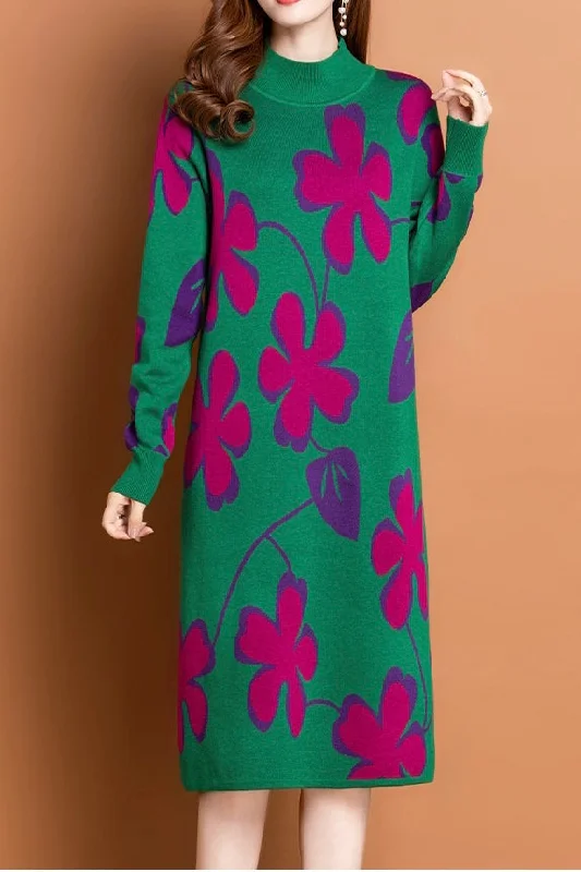 Cute Flower Sweater Dress Slim Fit Regular Fit Oversized