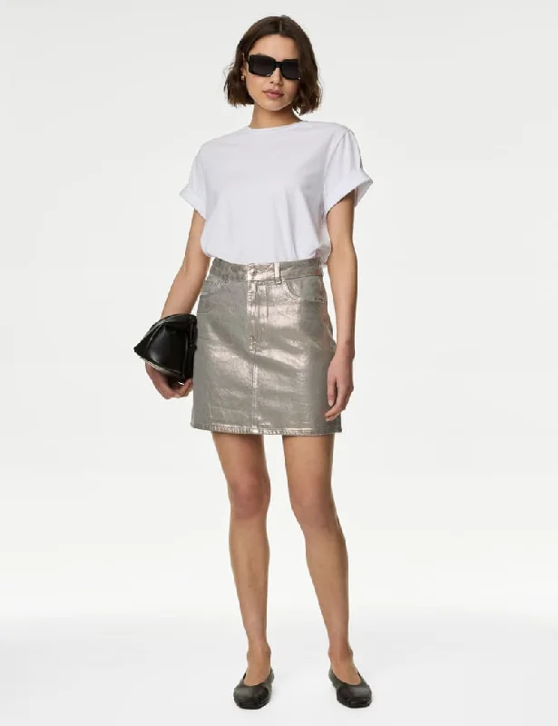 Denim Foil Metallic Mini Skirt relaxed fit skirt