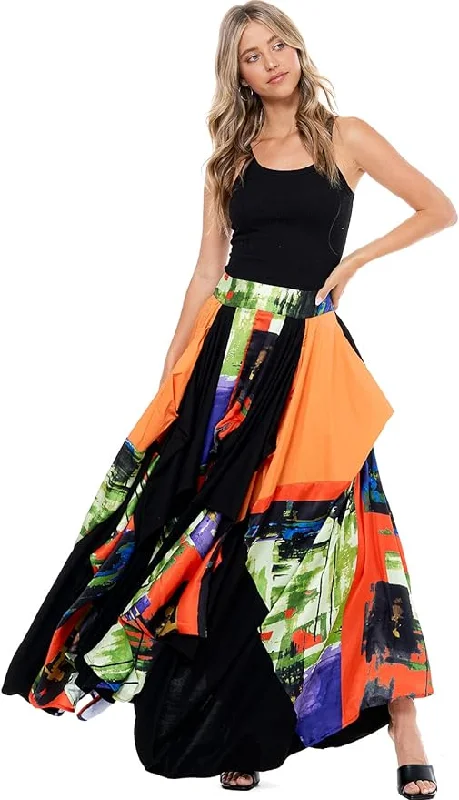 Romantic Boho Black & Orange Abstract Print Tov The Damsel`s Maxi Skirt floral skirt print Romantic Boho Black & Orange Abstract Print Tov The Damsel`s Maxi Skirt floral skirt print