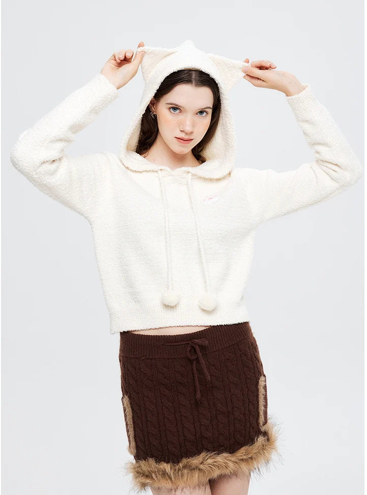 Retro Loose Hooded Sweater Lace Blend Ribbed Blend Corduroy Blend