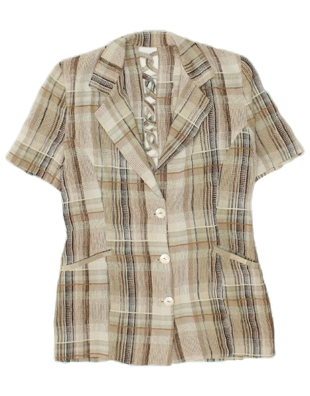 VINTAGE Womens 3 Button Blazer Jacket UK 12 Medium Beige Check Knit Fabric Woven Fabric Fleece Fabric VINTAGE Womens 3 Button Blazer Jacket UK 12 Medium Beige Check Knit Fabric Woven Fabric Fleece Fabric
