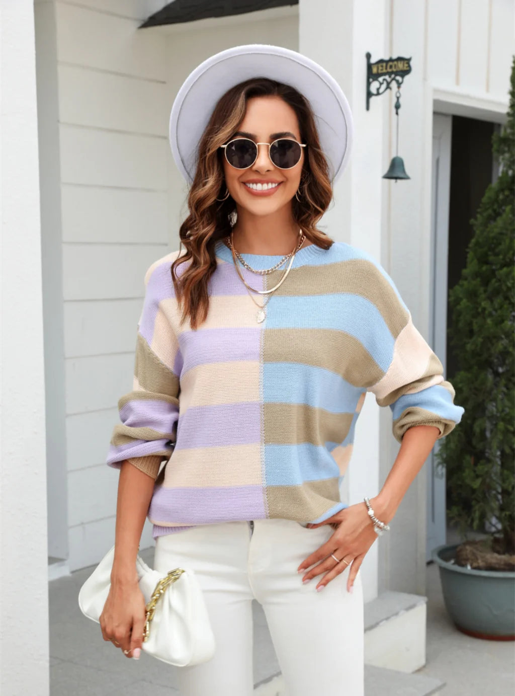 Crew Neck Stripes Sweater Ribbed Striped Patterned