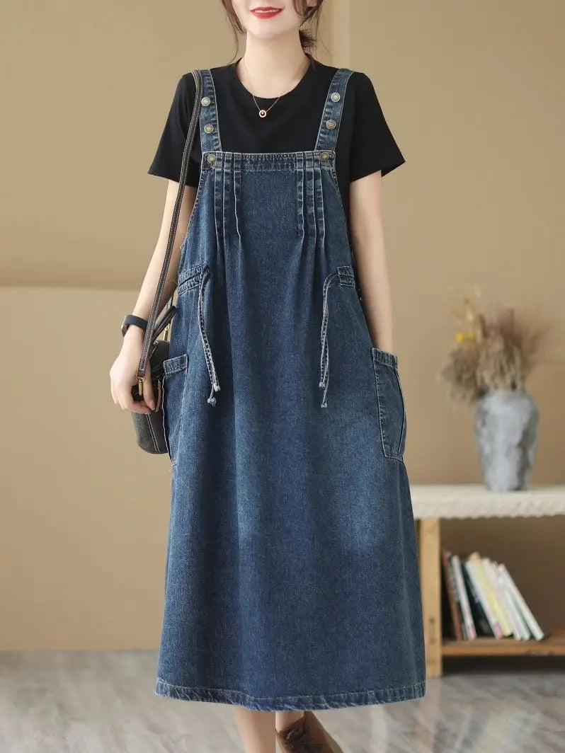 Wjczt Oversized Women's Dress 2024 Spring/summer Long Dress Vintage Loose Pocket Slim Denim Strap Dress Long Swing Dress Tunics Chic elegant