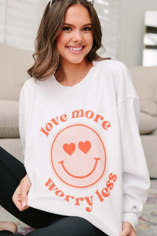 Love More Worry Less White Graphic Corded Sweatshirt Hoodie with Magnetic Closure Innovative Modern