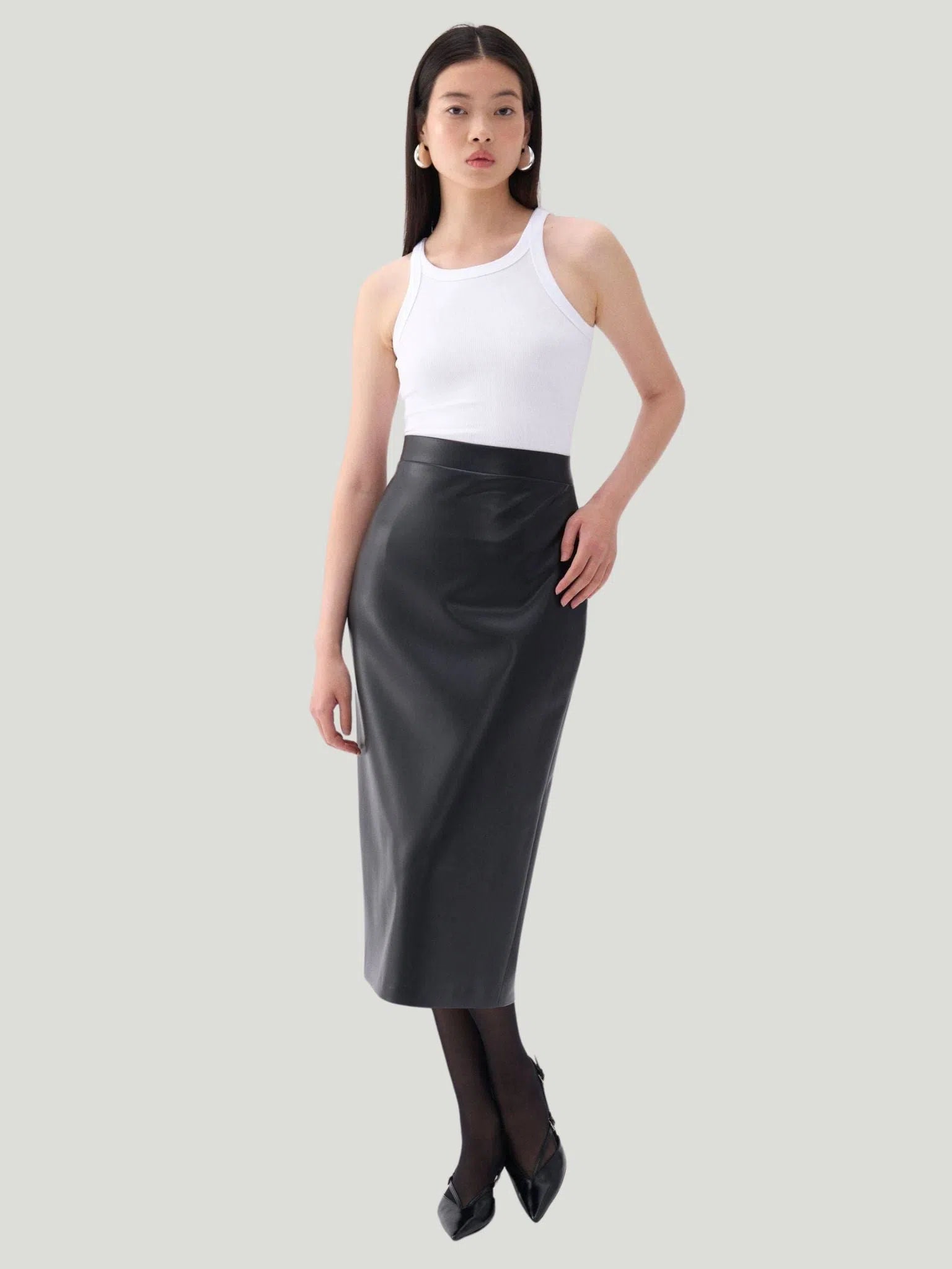 Nocturne High Waist Vegan Leather Skirt button skirt front