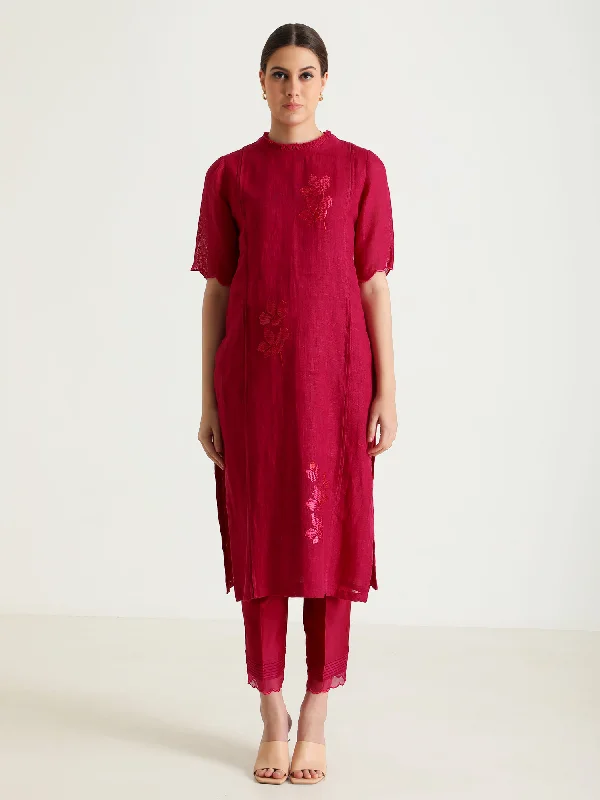 Fuchsia Tunic & Silk Chanderi Pants Warm Wool Trousers