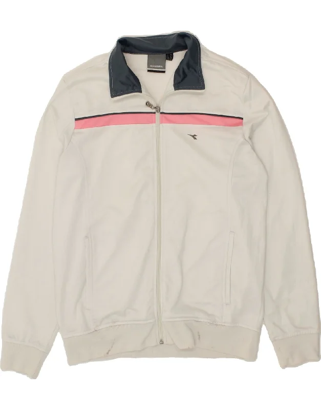 DIADORA Womens Tracksuit Top Jacket UK 16 Large  White Polyester Tiered Jacket Buttoned Jacket Zippered Jacket