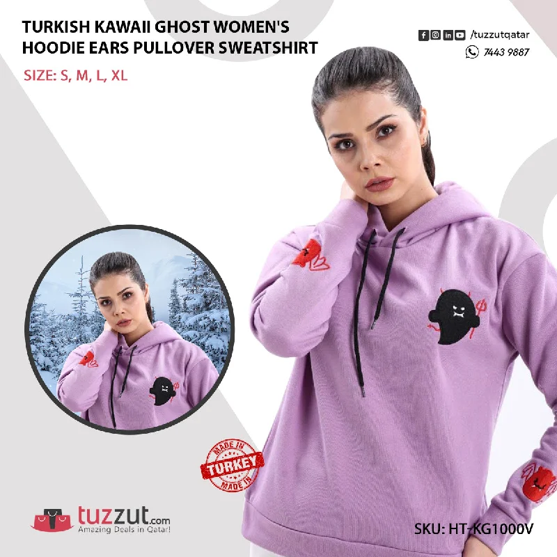 Turkish Kawaii Ghost Women's Hoodie Ears Pullover Sweatshirt - Violet Hoodie with Hem Detail Decorative Unique