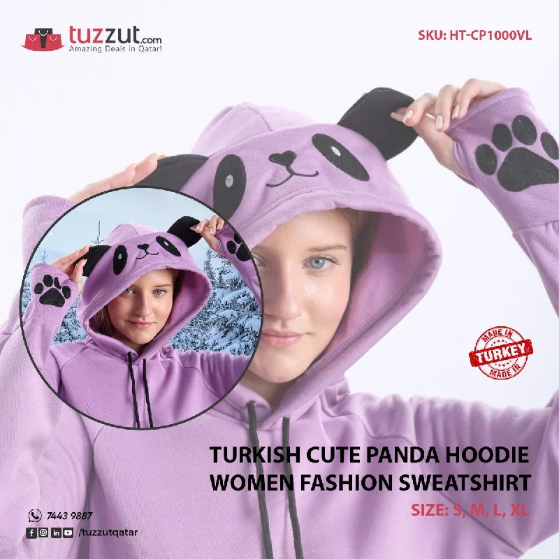 Turkish Cute Panda Hoodie Women Fashion Sweatshirt-Violet Hoodie with Hem Applique Textured Unique