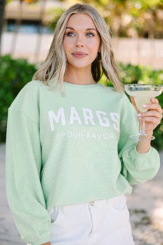 Margs Por Favor Melon Green Graphic Corded Sweatshirt Hoodie with Oversized Fit Loose Comfortable