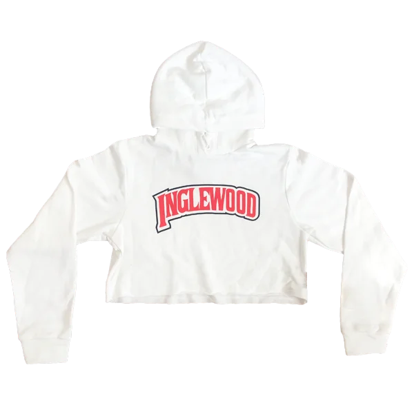 INGLEWOOD CROP HOODIE WHITE Zip Hoodie Drawstring Kangaroo Pocket