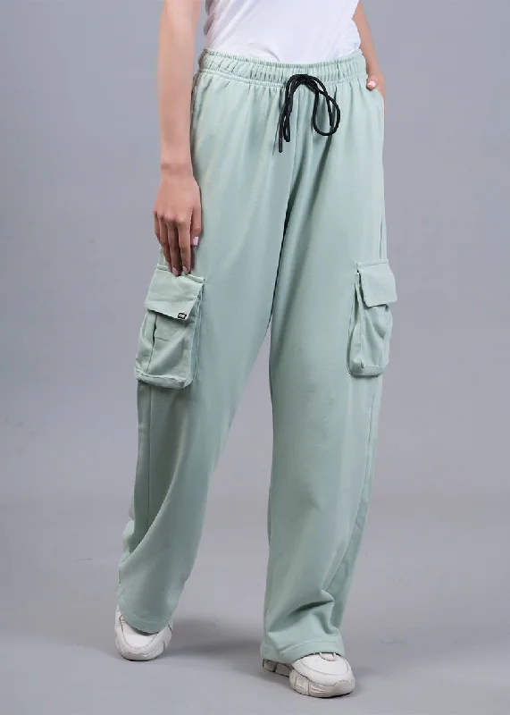 Women Premium Terry Cargo Pants - Mint Green Soft Wool Pants