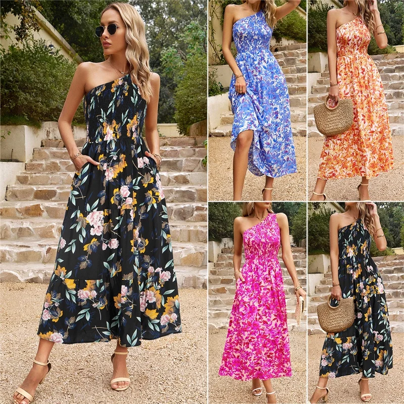 Wjczt Summer Temperament Elegant Shoulder Shoulder Floral Print Long Dress Women Clothing New Arrivals Woman Trendy Boho Dresses Tunics Designer luxury