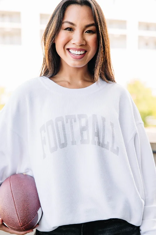 Football White Corded Graphic Sweatshirt Hoodie with Rhinestones Sparkly Elegant