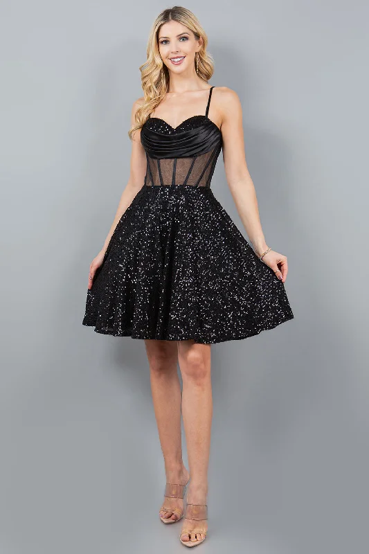 Sequin Short Sheer Corset Dress by Cinderella Couture 8126J Square Neckline Feminine