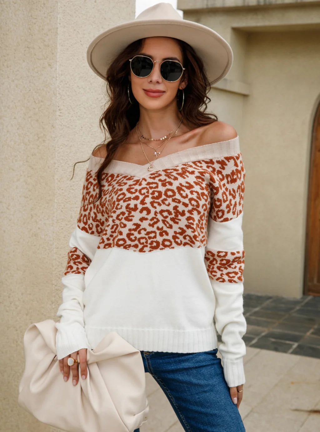 Women V-neck Leopard Sweater Terry Terry Cloth Terry Knit