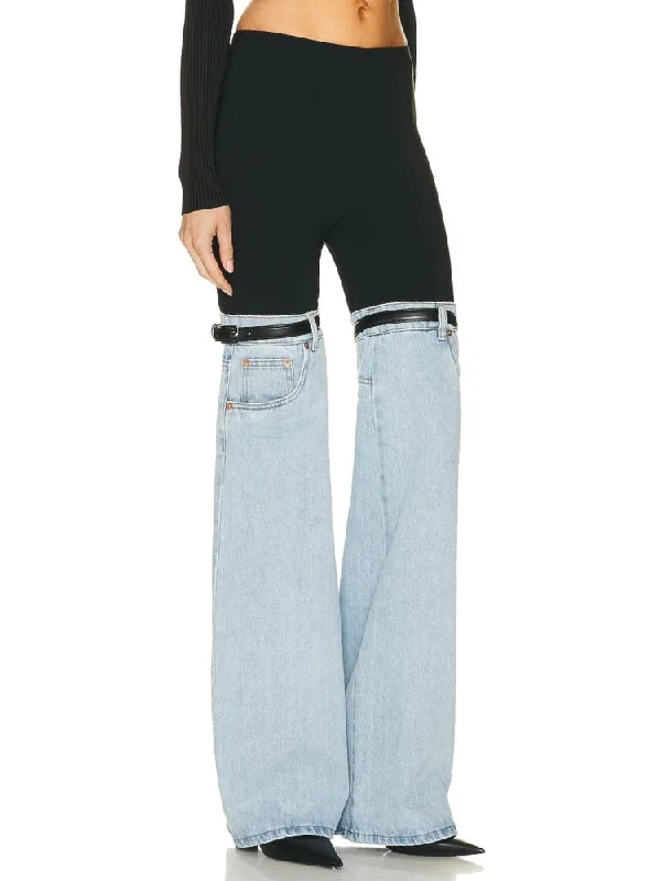 Spliced Buckle Thigh Denim Wide Leg Pants High-Waist Trousers