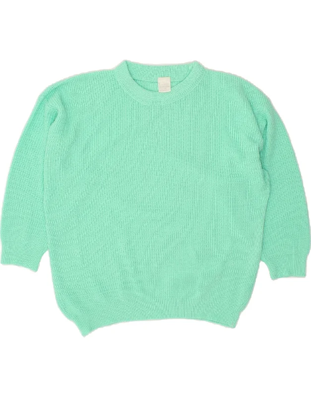 VINTAGE Womens 3/4 Sleeve Crew Neck Jumper Sweater UK 22 3XL Turquoise Cable Knit Ribbed Knit Lace Knit