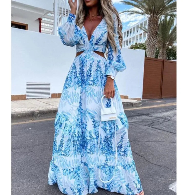 Wjczt Sexy Floral Print Dress Women V Neck Side Slit Elegant Long Dress Spring Loose Elegant Boho Holiday Beach Dress Vestidos Y2K Tunics Trendy modern