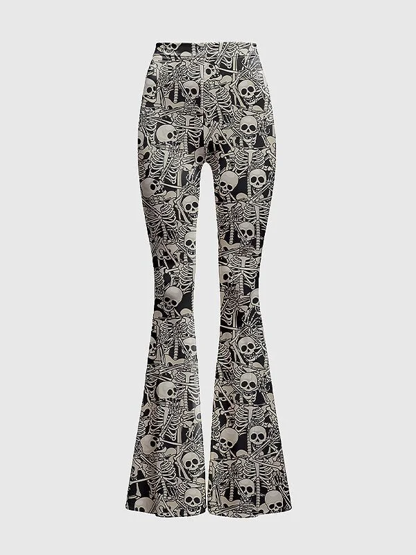 High-Waisted Skull Print Flare Pants Relaxed Casual Leggings