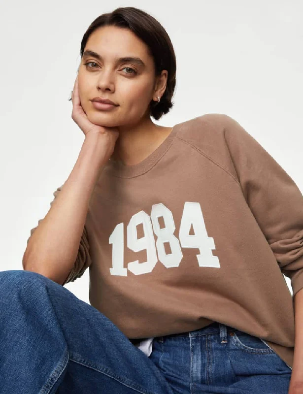 Pure Cotton Slogan Sweatshirt Hoodie with High-Low Hem Asymmetrical Trendy