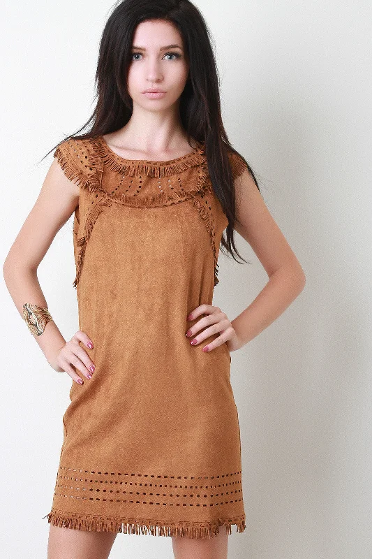 Suede Fringe Yoke Shift Dress Tunics Winter warm