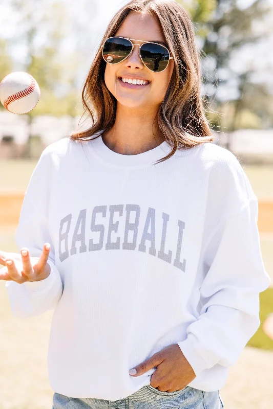 Baseball White Corded Graphic Sweatshirt Hoodie with Turtle Neck Cozy Winter