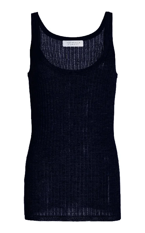 Nevin Pointelle Knit Tank Top in Dark Navy Cashmere Silk spandex blend tank