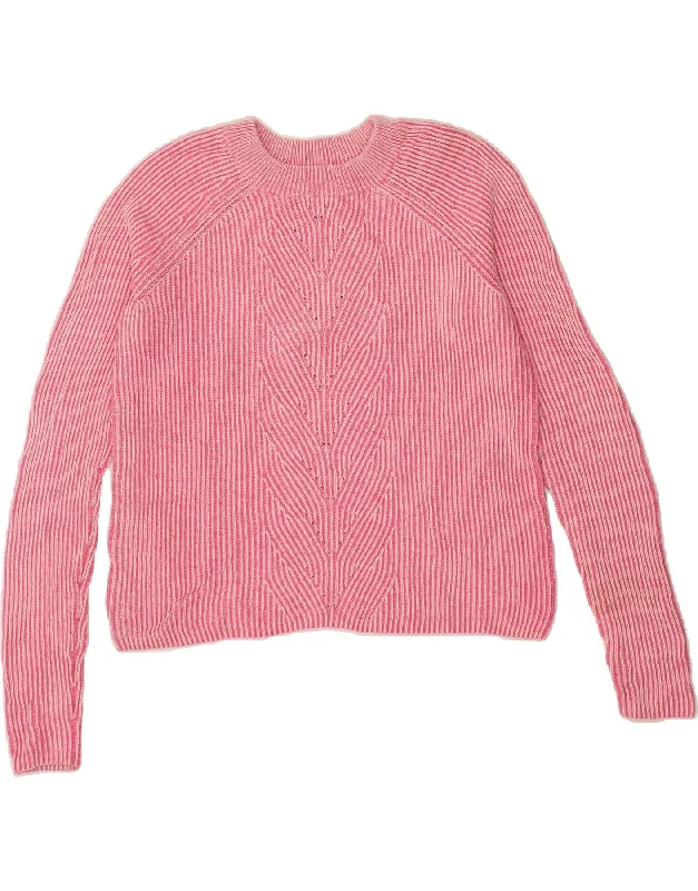 JACK WILLS Womens Crop Crew Neck Jumper Sweater UK 8 Small Pink Cotton Boat Neck Shawl Collar Notched Collar