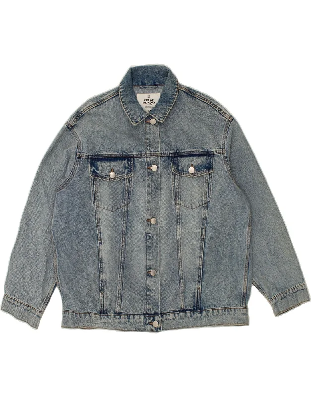 CHEAP MONDAY Womens Oversized Denim Jacket UK 14 Medium Blue Cotton Print Jacket Jacquard Jacket Embroidered Jacket CHEAP MONDAY Womens Oversized Denim Jacket UK 14 Medium Blue Cotton Print Jacket Jacquard Jacket Embroidered Jacket