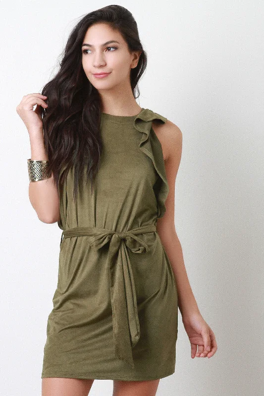 Ruffle Sleeve Vegan Suede Dress Tunics Versatile functional