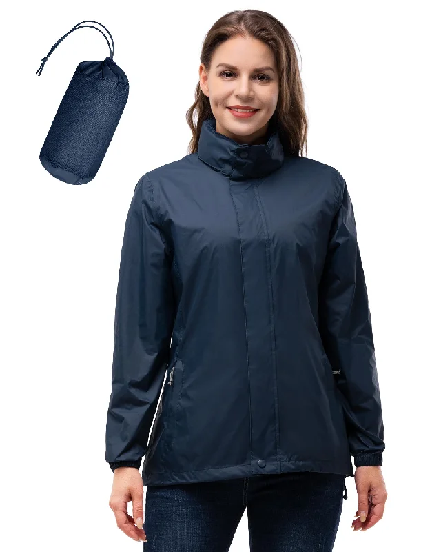 Women's Packable Rain Jacket with Hideaway Hood and 4 Pockets: 0.64 lbs 5000mm W/P 5000 Level Breathable Snapped Jacket Toggled Jacket Drawstring Jacket