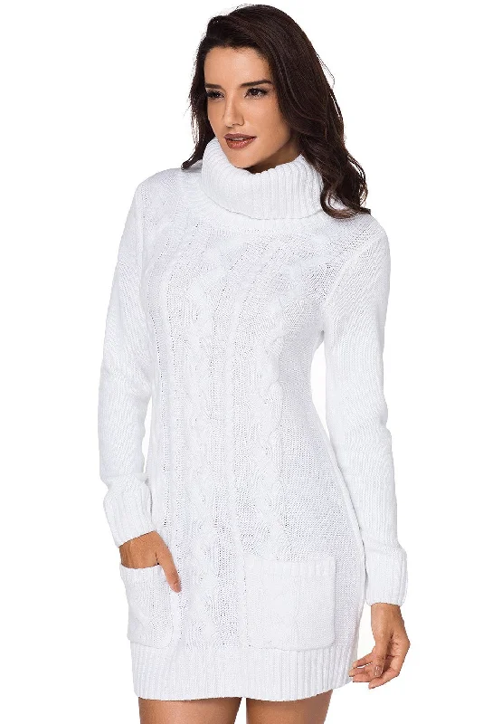 Women Solid White Cowl Neck Cable Knit Front Pocket Ribbed Mini Sweater Dress Rayon Fabric Velvet Fabric Corduroy Fabric Women Solid White Cowl Neck Cable Knit Front Pocket Ribbed Mini Sweater Dress Rayon Fabric Velvet Fabric Corduroy Fabric