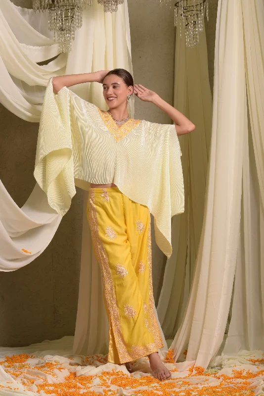 Reyna Gara Glazed Pleated Cape With Pants Formal Wide-Leg Pants