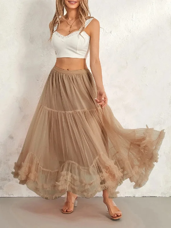 Romantic Taupe Tulle Ruffle Hem Skirt ribbed skirt waist