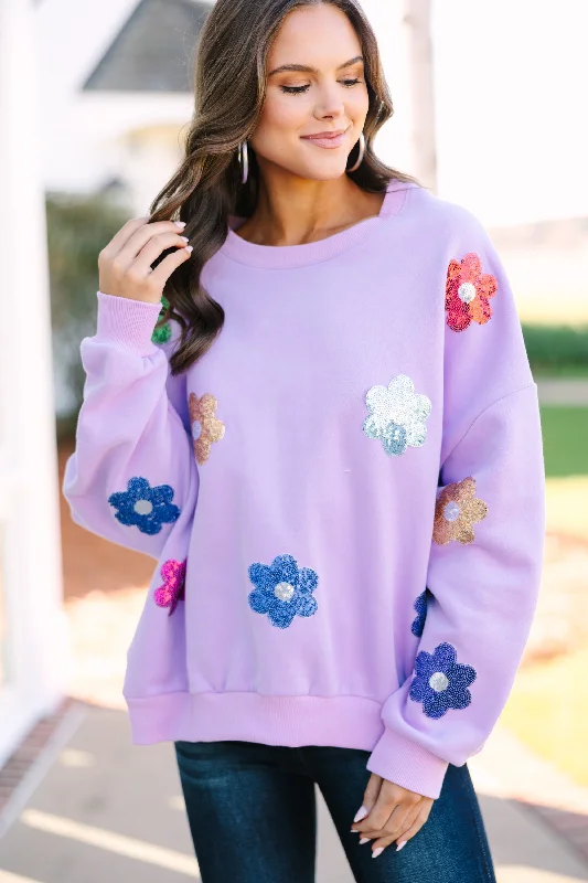 Just My Type Lavender Purple Floral Sweatshirt Hoodie with Mock Neck Collared Structured