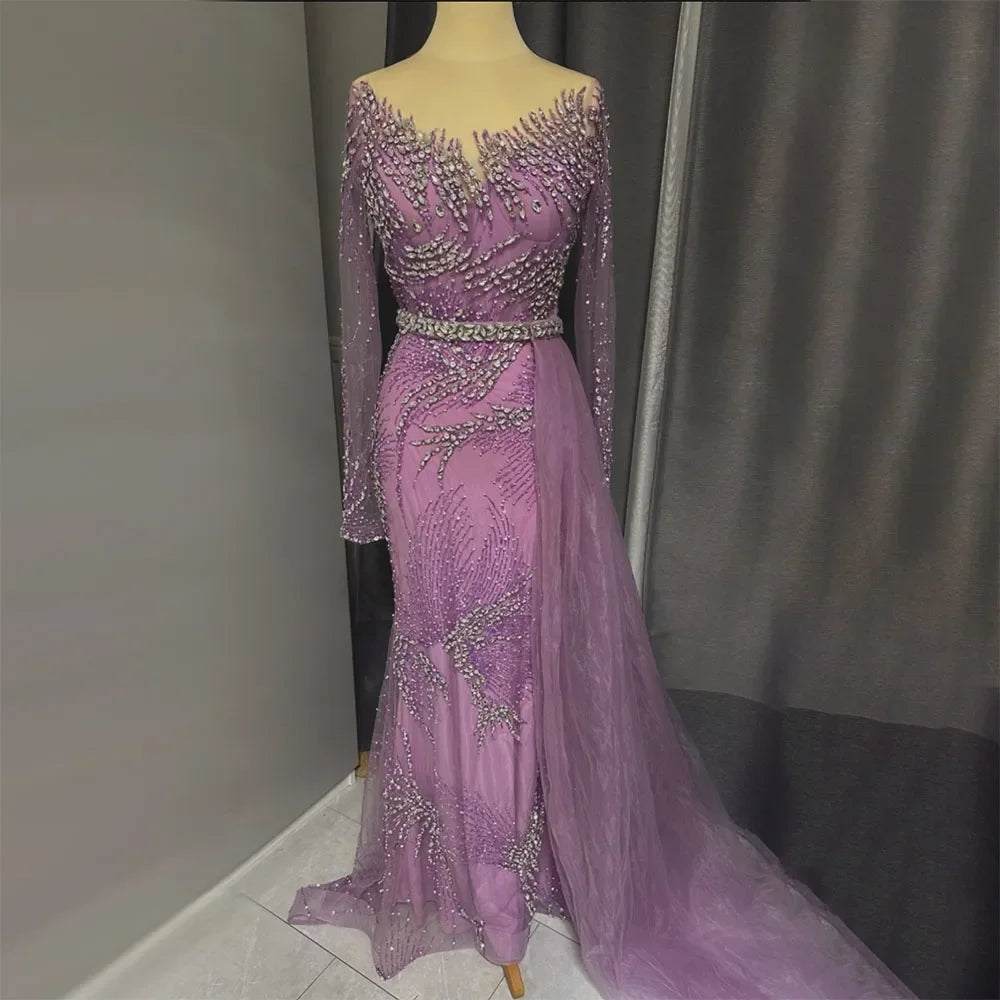 Serene Hill Elegant Purple Mermaid Evening Gowns with Beaded Skirt and Lace-up Detail for Women's Wedding Party 2024 LA72376 silk skirt sleek