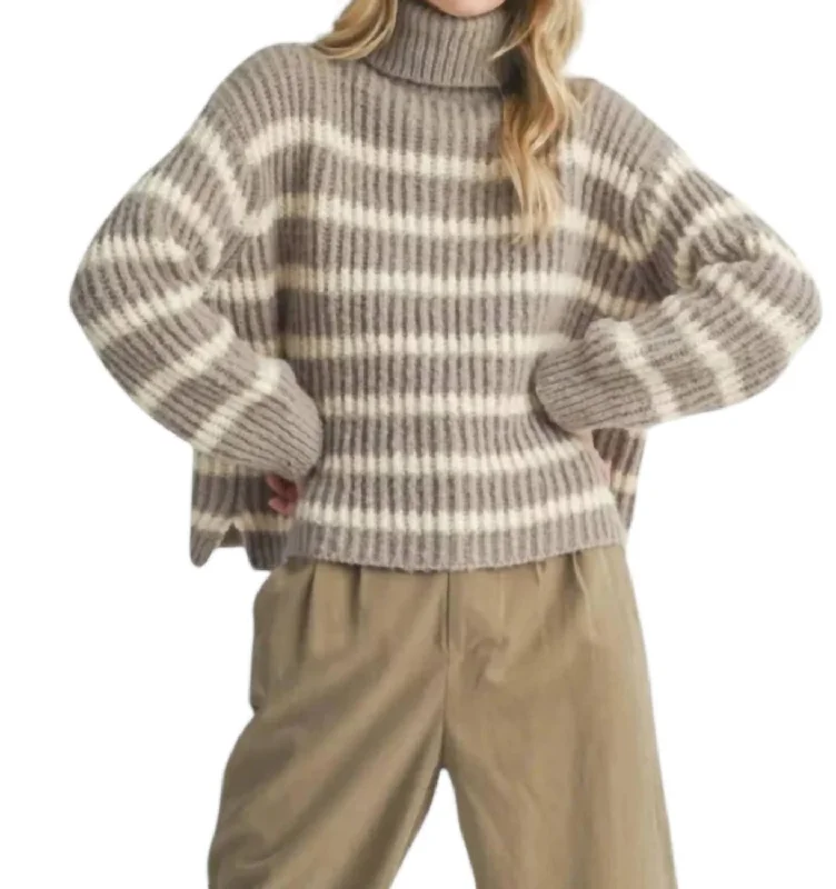Aki Turtleneck Fuzzy Knit Sweater In Moss Ivory Handmade Hand-knitted Hand-woven