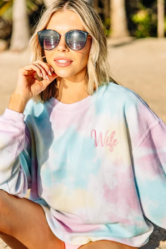 Wife Pink Tie Dye Corded Embroidered Sweatshirt Hoodie with Typography Text Message