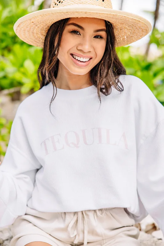 Tequila White Corded Graphic Sweatshirt Hoodie with Bell Sleeves Flared Feminine